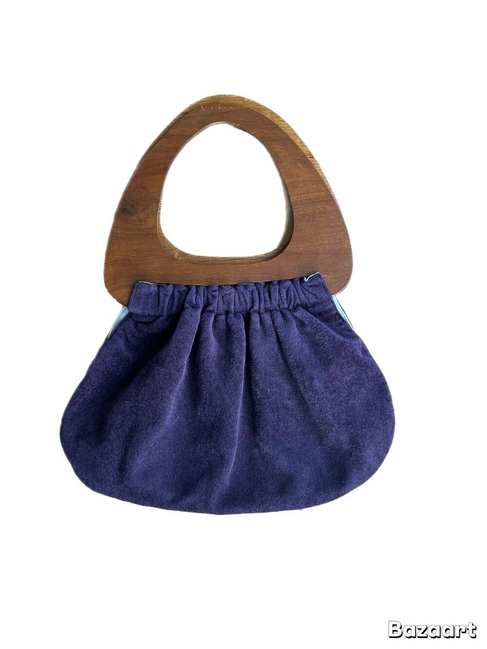 Vintage Wood Handle Handbag Navy Velvet Boho 60s/70s Style Sculptural Purse